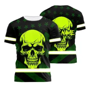 Hi Vis Shirt Reflective Tapes Green Neon Skull US Flag Custom Name Safety Workwear For Workers, Runners, Skull Lover