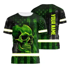 Hi Vis Shirt Reflective Tapes Green Neon Skull US Flag Custom Name Safety Workwear For Workers, Runners, Skull Lover