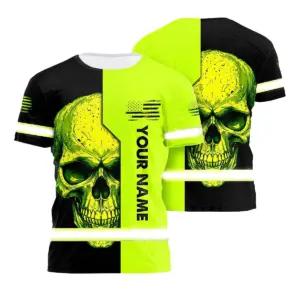 Hi Vis Shirt Reflective Tapes Green Neon Skull US Flag Custom Name Safety Workwear For Workers, Runners, Skull Lover