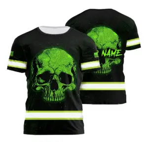 Hi Vis Shirt Reflective Tapes Green Neon Skull US Flag Custom Name Safety Workwear For Workers, Runners, Skull Lover