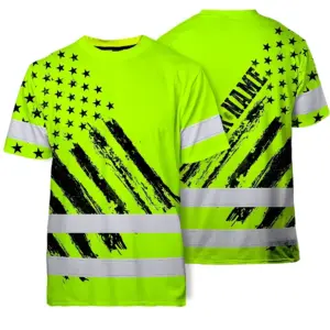 Hi Vis Shirt Reflective Tapes Green Neon US Flag 2 Custom Name Safety Workwear