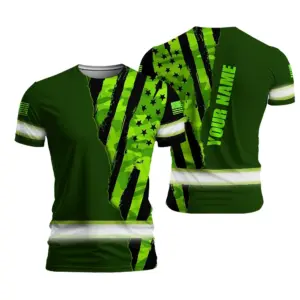 Hi Vis Shirt Reflective Tapes Green Neon US Flag Camo Scratch Custom Name Safety Workwear For Workers, Runners