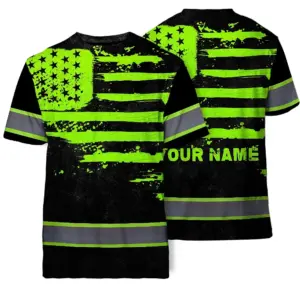 Hi Vis Shirt Reflective Tapes Green Neon US Flag Custom Name Safety Workwear For Workers, Runners, Cyclists