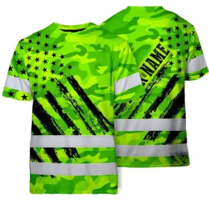 Hi Vis Shirt Reflective Tapes Green Neon US Flag Custom Name Safety Workwear