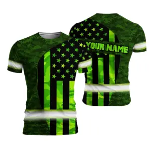 Hi Vis Shirt Reflective Tapes Green Neon US Flag Custom Name Safety Workwear For Workers, Runners
