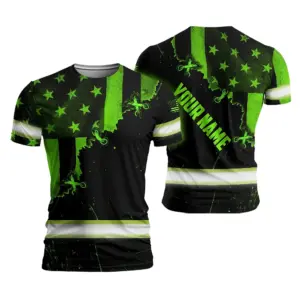 Hi Vis Shirt Reflective Tapes Green Neon US Flag Sewn Custom Name Safety Workwear For Workers, Runners