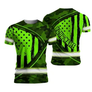 Hi Vis Shirt Reflective Tapes Green Neon US Flag Wave Custom Name Safety Workwear For Workers, Runners