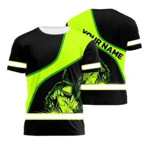 Hi Vis Shirt Reflective Tapes Green Neon Welder Custom Name Safety Workwear For Workers, Runners