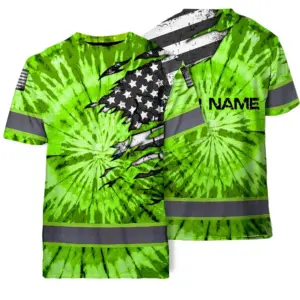 Hi Vis Shirt Reflective Tapes Green Tie Dye US Flag Scratch Custom Name Safety Workwear For Workers, Runners, Cyclists