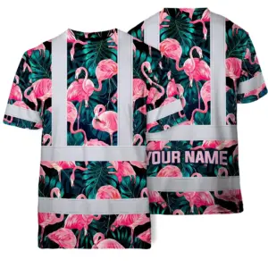 Hi Vis Shirt Reflective Tapes Hawaii Flamingo Custom Name Safety Workwear For Workers, Truckers, Operators