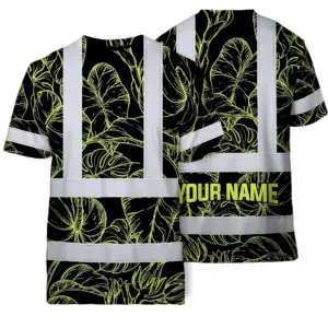 Hi Vis Shirt Reflective Tapes Lime Neon Flowers Custom Name Safety Workwear For Workers, Truckers, Operators