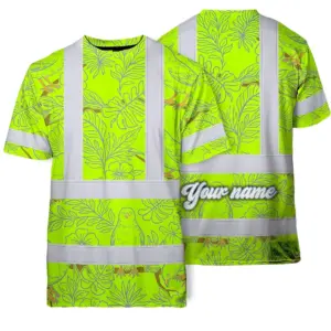 Hi Vis Shirt Reflective Tapes Lime Neon White 2 Flowers Custom Name Safety Workwear For Workers, Truckers, Operators