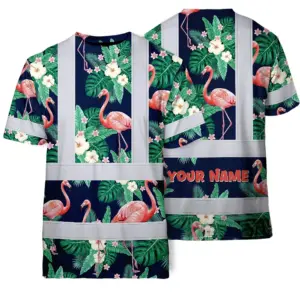 Hi Vis Shirt Reflective Tapes Neon Pink Flowers 2 Custom Name Safety Workwear For Workers, Truckers, Operators