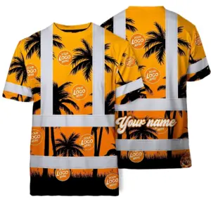 Hi Vis Shirt Reflective Tapes Orange And Black Flowers Custom Name And Logo Safety Workwear For Workers, Truckers, Operators, Company