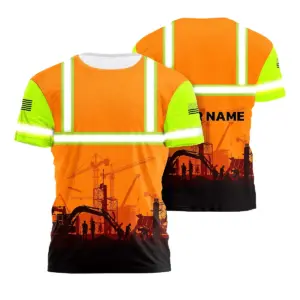 Hi Vis Shirt Reflective Tapes Orange Green Neon Construction US Flag Custom Name Safety Workwear For Workers, Runners