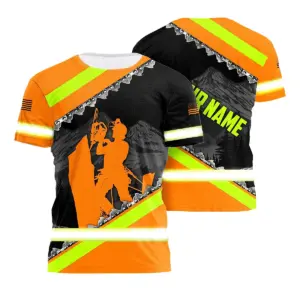 Hi Vis Shirt Reflective Tapes Orange Neon Chainsaw US Flag Custom Name Safety Workwear For Workers, Runners