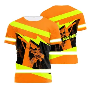 Hi Vis Shirt Reflective Tapes Orange Neon Electrician Custom Name Safety Workwear For Workers, Runners