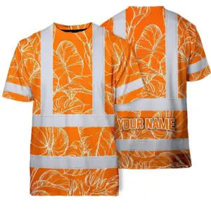 Hi Vis Shirt Reflective Tapes Orange Neon Flowers Custom Name Safety Workwear For Workers, Truckers, Operators