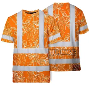 Hi Vis Shirt Reflective Tapes Orange Neon Flowers Custom Name Safety Workwear For Workers, Truckers, Operators