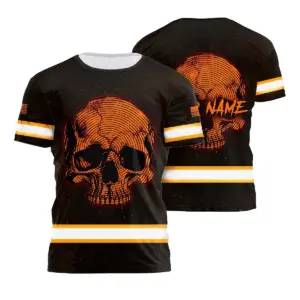 Hi Vis Shirt Reflective Tapes Orange Neon Skull US Flag Custom Name Safety Workwear For Workers, Runners, Skull Lover