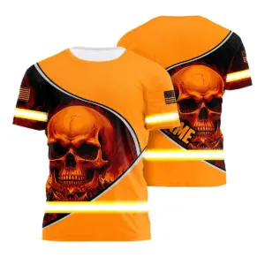 Hi Vis Shirt Reflective Tapes Orange Neon Skull US Flag Custom Name Safety Workwear For Workers, Runners, Skull Lover