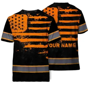 Hi Vis Shirt Reflective Tapes Orange Neon US Flag Custom Name Safety Workwear For Workers, Runners, Cyclists