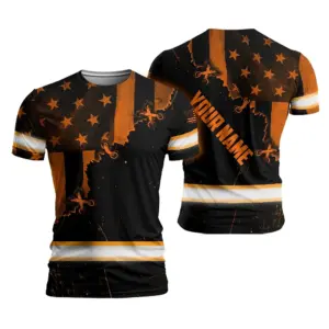 Hi Vis Shirt Reflective Tapes Orange Neon US Flag Sewn Custom Name Safety Workwear For Workers, Runners