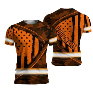 Hi Vis Shirt Reflective Tapes Orange Neon US Flag Wave Custom Name Safety Workwear For Workers, Runners, Cyclists