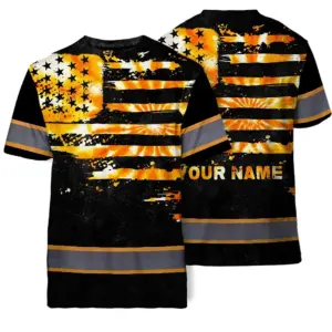 Hi Vis Shirt Reflective Tapes Orange Tie Dye US Flag Custom Name Safety Workwear For Workers, Runners, Cyclists