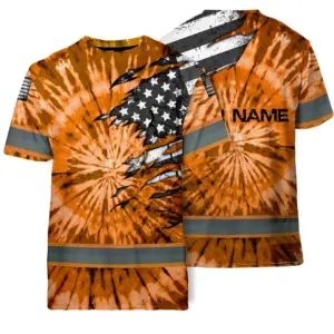 Hi Vis Shirt Reflective Tapes Orange Tie Dye US Flag Scratch Custom Name Safety Workwear For Workers, Runners, Cyclists