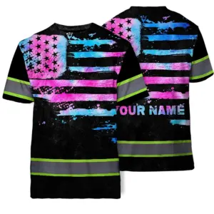 Hi Vis Shirt Reflective Tapes Pink Blue Tie Dye US Flag Custom Name Safety Workwear For Workers, Runners, Cyclists