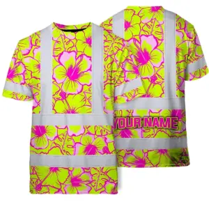 Hi Vis Shirt Reflective Tapes Pink Neon And Lime Flowers Custom Name Safety Workwear For Workers, Truckers, Operators