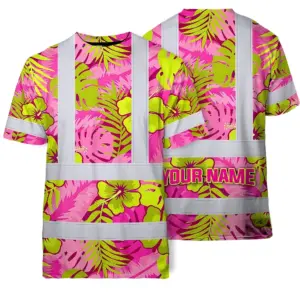 Hi Vis Shirt Reflective Tapes Pink Neon And Lime Flowers Custom Name Safety Workwear For Workers, Truckers, Operators