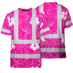 Hi Vis Shirt Reflective Tapes Pink Neon Flowers Custom Name Safety Workwear For Workers, Truckers, Operators