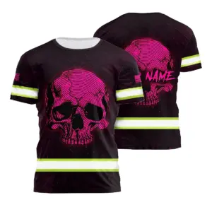 Hi Vis Shirt Reflective Tapes Pink Neon Skull US Flag Custom Name Safety Workwear For Workers, Runners, Skull Lover