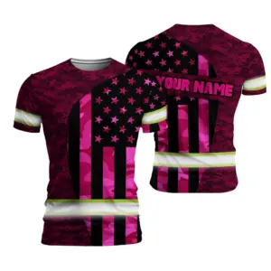 Hi Vis Shirt Reflective Tapes Pink Neon US Flag Camo Custom Name Safety Workwear For Workers, Runners, Cyclists