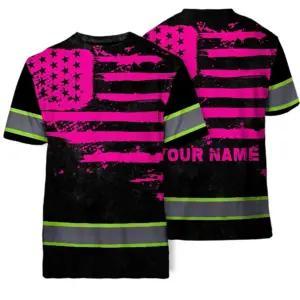 Hi Vis Shirt Reflective Tapes Pink Neon US Flag Custom Name Safety Workwear For Workers, Runners, Cyclists