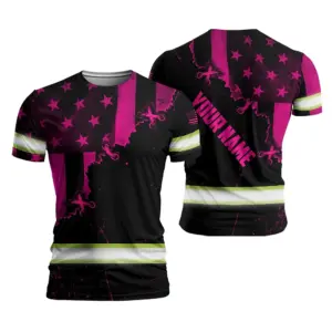 Hi Vis Shirt Reflective Tapes Pink Neon US Flag Sewn Custom Name Safety Workwear For Workers, Runners