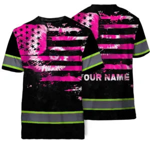 Hi Vis Shirt Reflective Tapes Pink Tie Dye US Flag Custom Name Safety Workwear For Workers, Runners, Cyclists