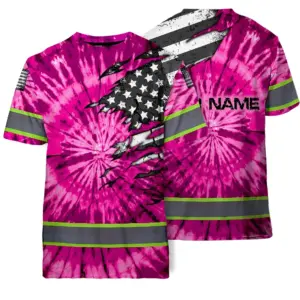 Hi Vis Shirt Reflective Tapes Pink Tie Dye US Flag Scratch Custom Name Safety Workwear For Workers, Runners, Cyclists