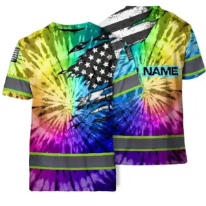 Hi Vis Shirt Reflective Tapes Rainbow Tie Dye US Flag Scratch Custom Name Safety Workwear For Workers, Runners, Cyclists