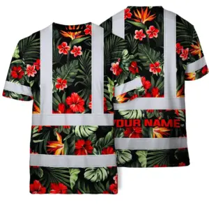 Hi Vis Shirt Reflective Tapes Red Neon Flowers Custom Name Safety Workwear For Workers, Truckers, Operators
