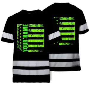 Hi Vis Shirt Reflective Tapes Scratch Green Neon US Flag Custom Name Safety Workwear