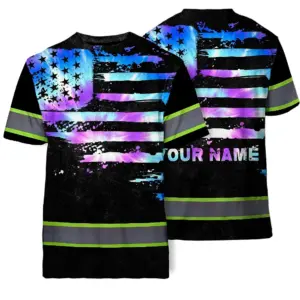 Hi Vis Shirt Reflective Tapes Violet Blue Tie Dye US Flag Custom Name Safety Workwear For Workers, Runners, Cyclists