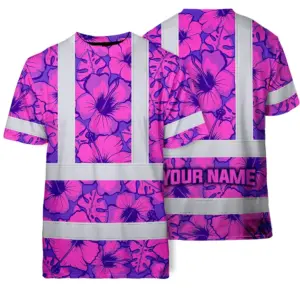Hi Vis Shirt Reflective Tapes Violet Neon And Pink Flowers Custom Name Safety Workwear For Workers, Truckers, Operators