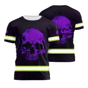 Hi Vis Shirt Reflective Tapes Violet Neon Skull US Flag Custom Name Safety Workwear For Workers, Runners, Skull Lover