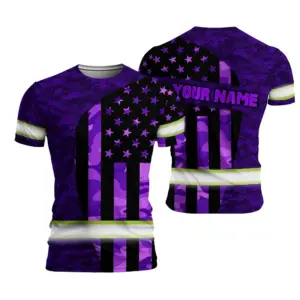 Hi Vis Shirt Reflective Tapes Violet Neon US Flag Camo Neon Custom Name Safety Workwear For Workers, Runners, Cyclists