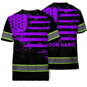 Hi Vis Shirt Reflective Tapes Violet Neon US Flag Custom Name Safety Workwear For Workers, Runners, Cyclists