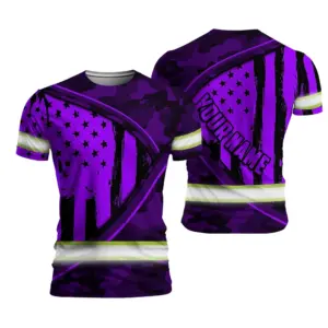 Hi Vis Shirt Reflective Tapes Violet Neon US Flag Wave Custom Name Safety Workwear For Workers, Runners, Cyclists