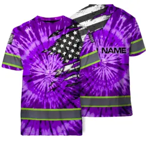 Hi Vis Shirt Reflective Tapes Violet Tie Dye US Flag Scratch Custom Name Safety Workwear For Workers, Runners, Cyclists